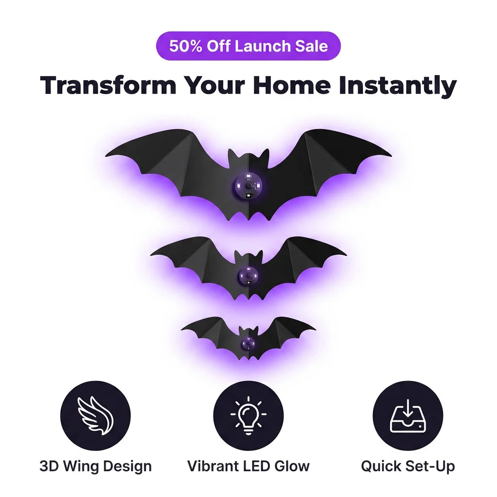 StickBat™ - 12 Glowing LED Halloween Bats with Damage-Free Adhesive