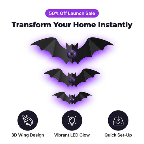 StickBat™ - 12 Glowing LED Halloween Bats with Damage-Free Adhesive