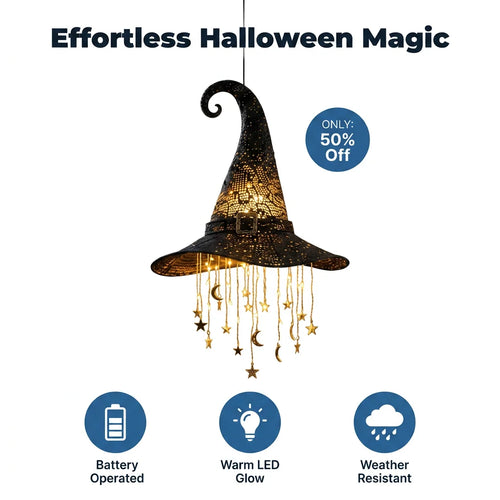 WitchGlow™ - Battery-powered hanging witch hat with cascading stars