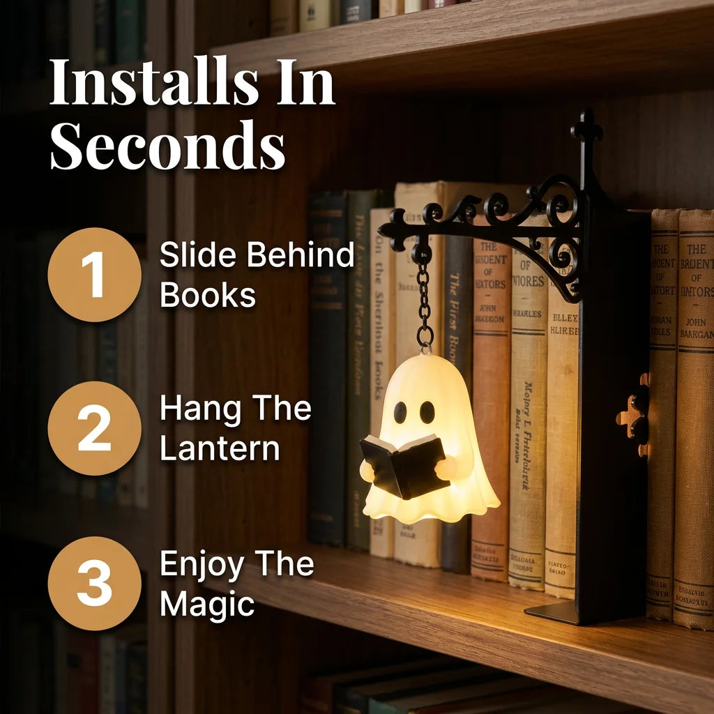 GhostGlow™ - Whimsical shelf lantern with a no-drill bookend design