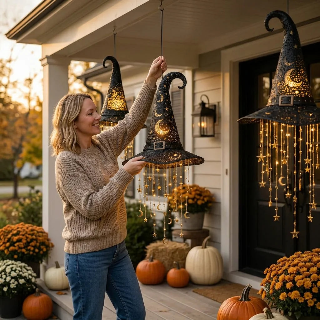 WitchGlow™ - Battery-powered hanging witch hat with cascading stars